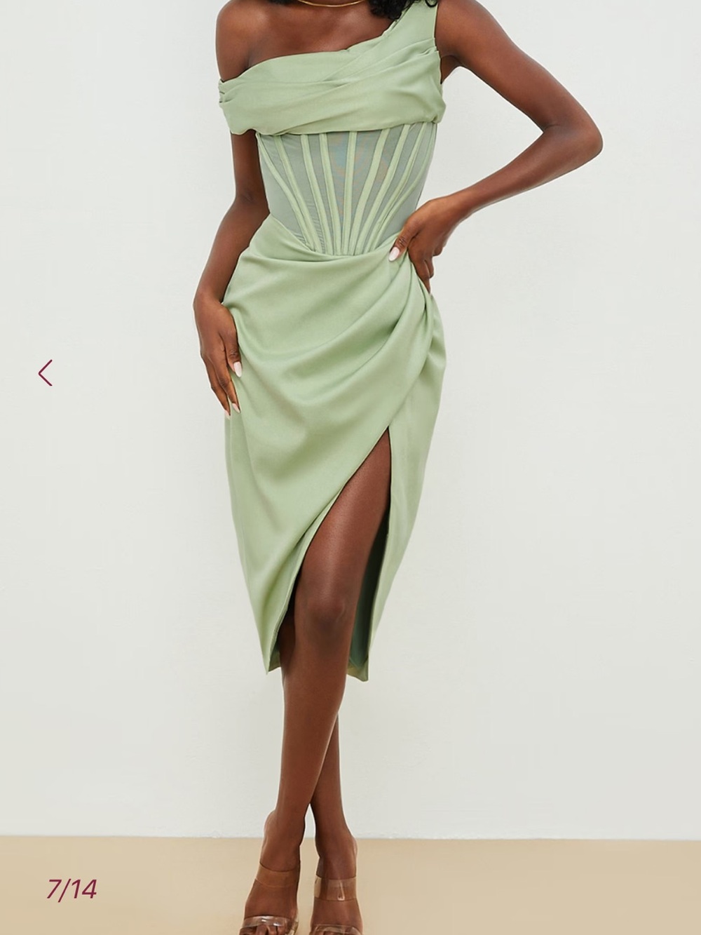 House of CB Light Sage Satin Midi Dress with Draped Sweetheart Bodice